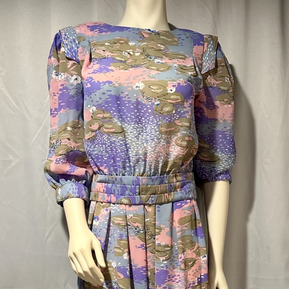 Vintage 80s Pastel Impressionist Day Dress Pastel Secretary Office Garden Pa…